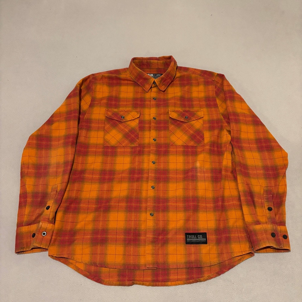 Troll Co Dirty Hands Clean Money Flannel Shirt Mens XL Orange Plaid Button Up